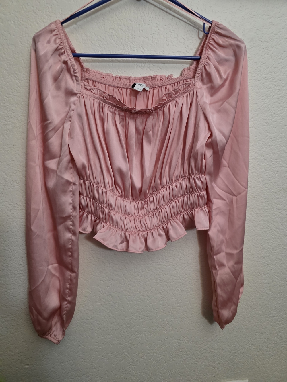 Bar III Pink Smocked Long-Sleeve Crop Blouse
